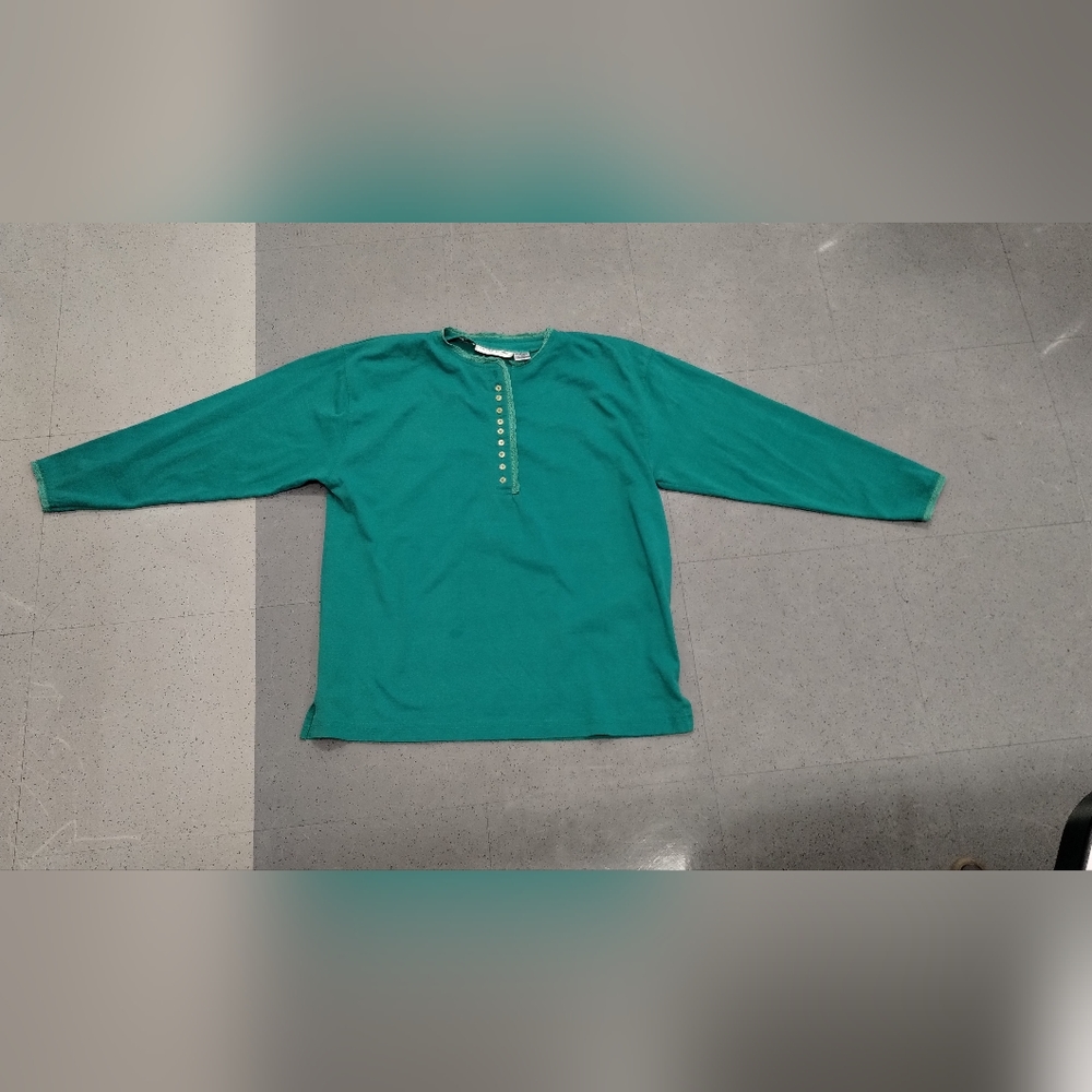 โข Lauren Brooke Women L Green inner shoulder pads Long Sleeve 10 Buttons Top - Picture 2 of 11